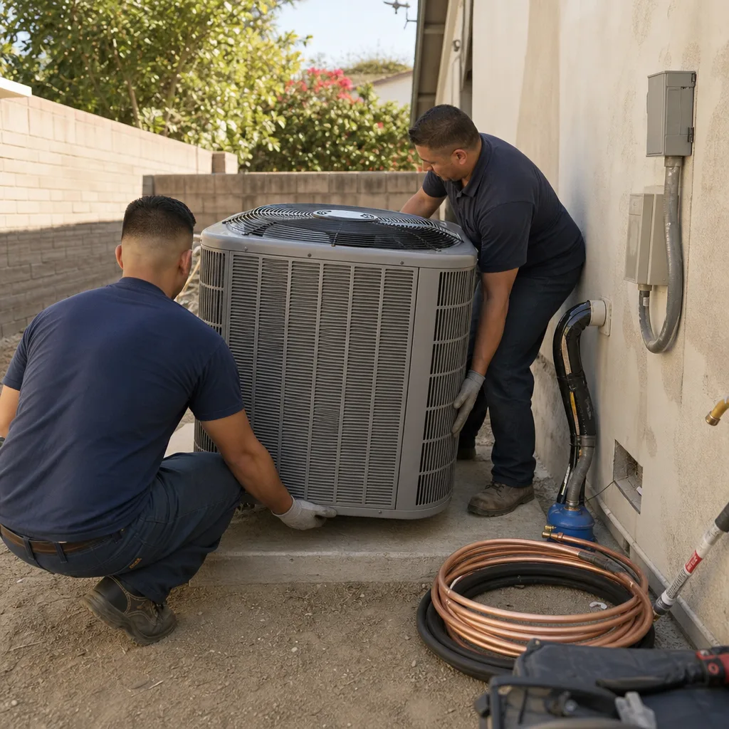 Two technicians installing an outdoor central air conditioning unit