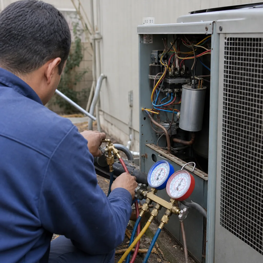 HVAC technician performing professional air conditioning repair and maintenance service