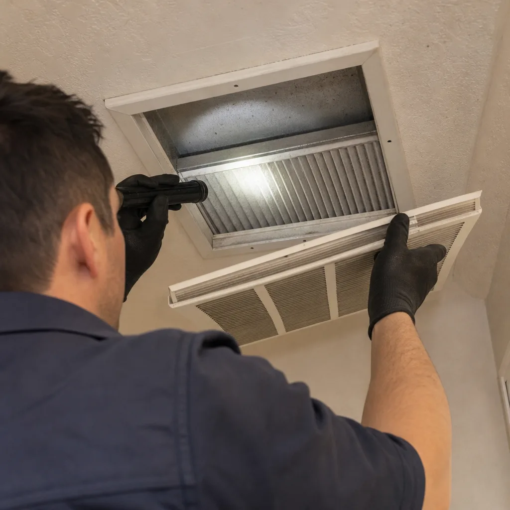 HVAC technician inspecting ceiling air filter vent with a flashlight