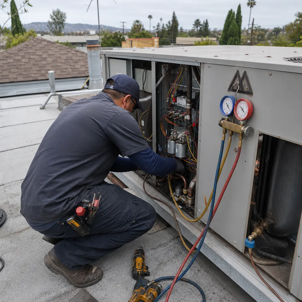 HVAC technician performing heat pump installation and maintenance on a rooftop unit