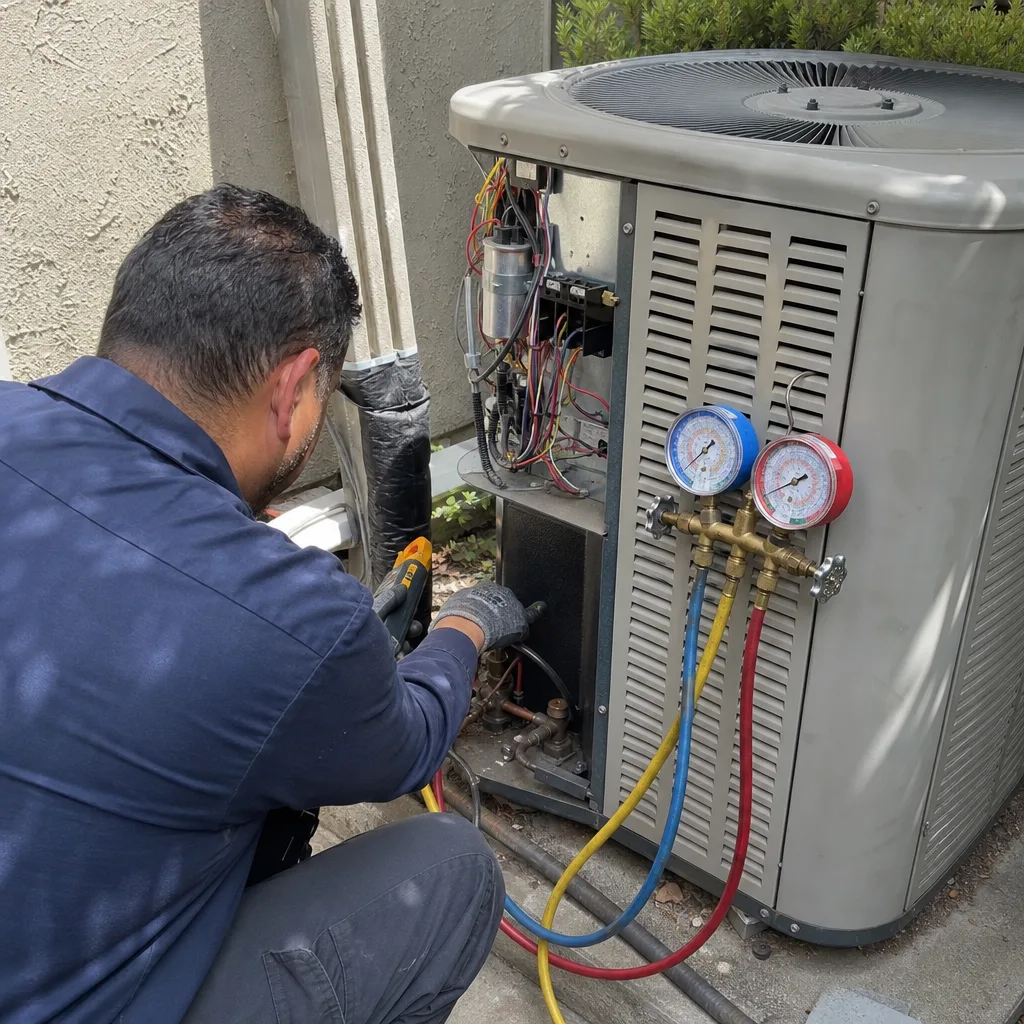 HVAC technician monitoring pressure gauges during heat pump installation.
